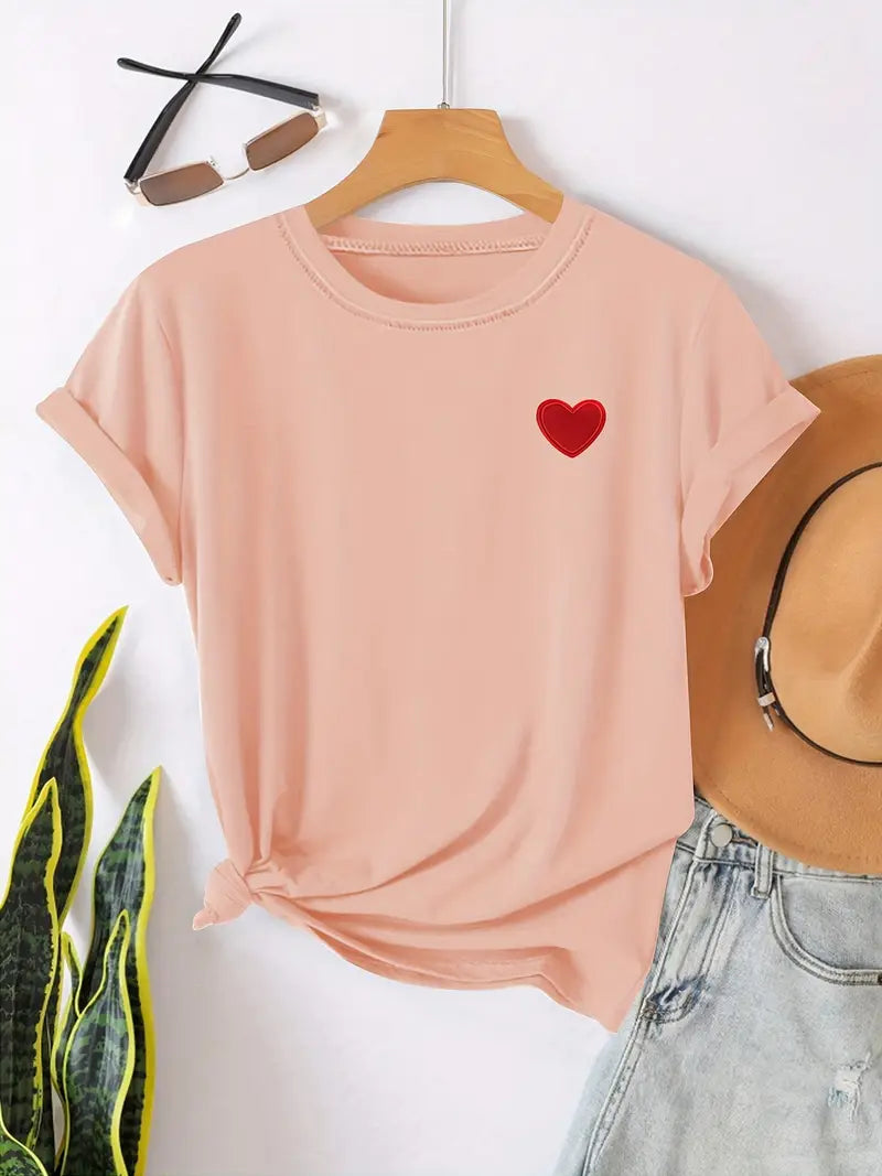 Damcasual t-shirt med hjärtmotiv - mjuk bomulls-t-shirt för vardagsbruk