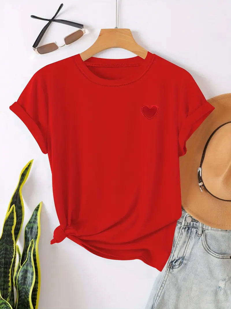 Damcasual t-shirt med hjärtmotiv - mjuk bomulls-t-shirt för vardagsbruk