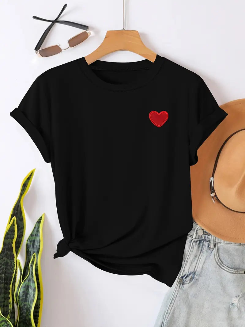 Damcasual t-shirt med hjärtmotiv - mjuk bomulls-t-shirt för vardagsbruk