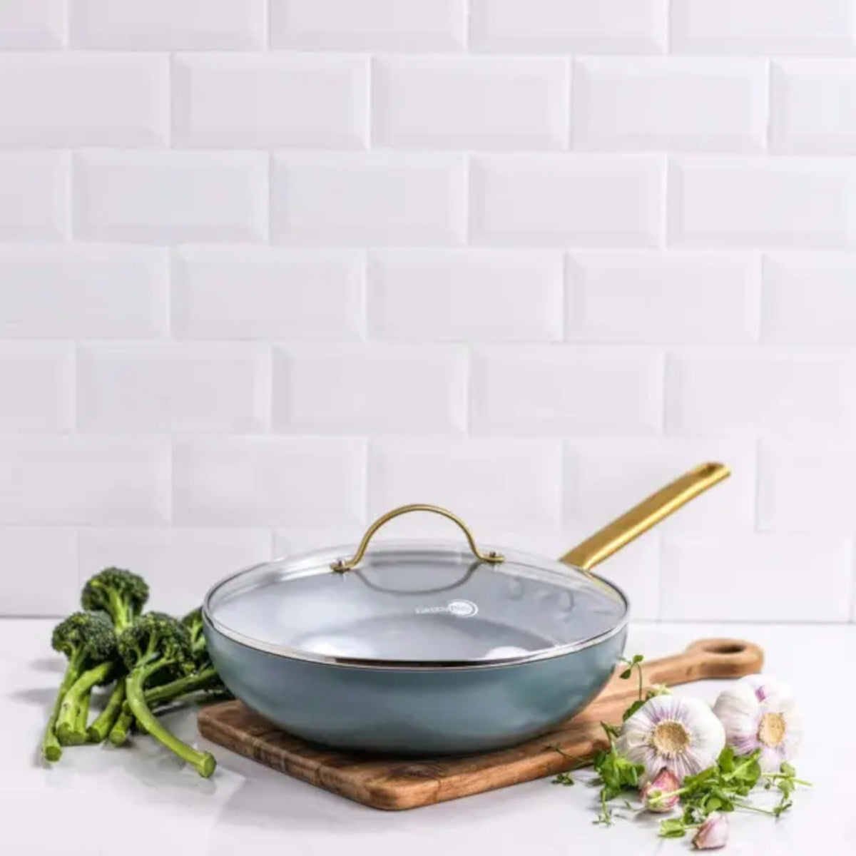 GreenPan Padova Wok with Lid Smokey Sky Blue 28cm