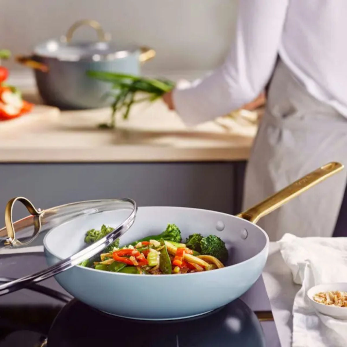 GreenPan Padova Wok with Lid Smokey Sky Blue 28cm