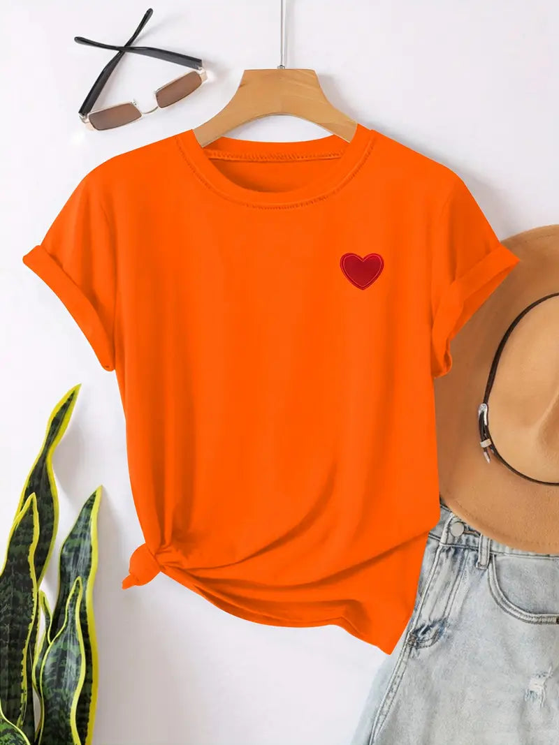 Damcasual t-shirt med hjärtmotiv - mjuk bomulls-t-shirt för vardagsbruk