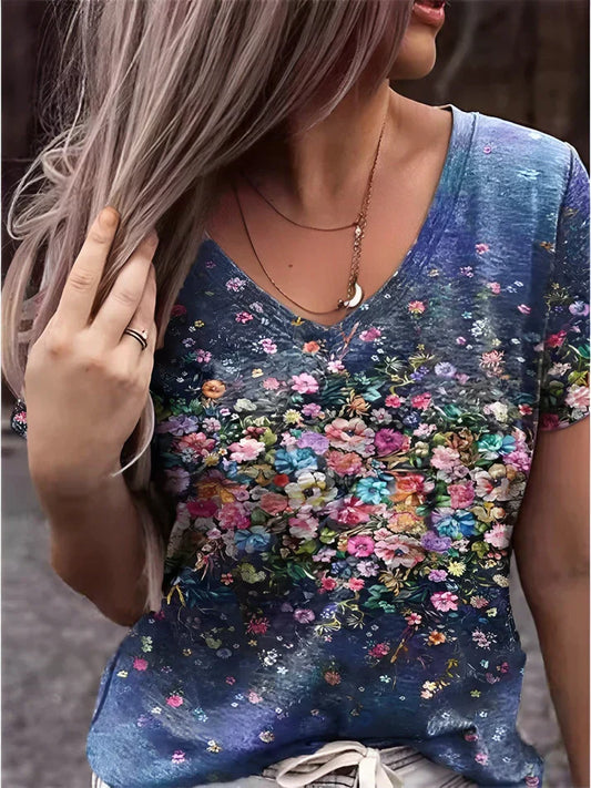 Kvinnors eleganta t-shirt med blommönster - stiligt casual plagg för damer