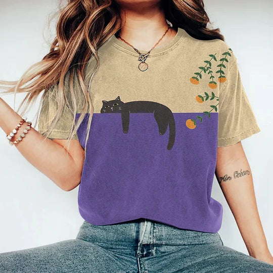 Konstnärlig kattdesign grafik t-shirt - damtee