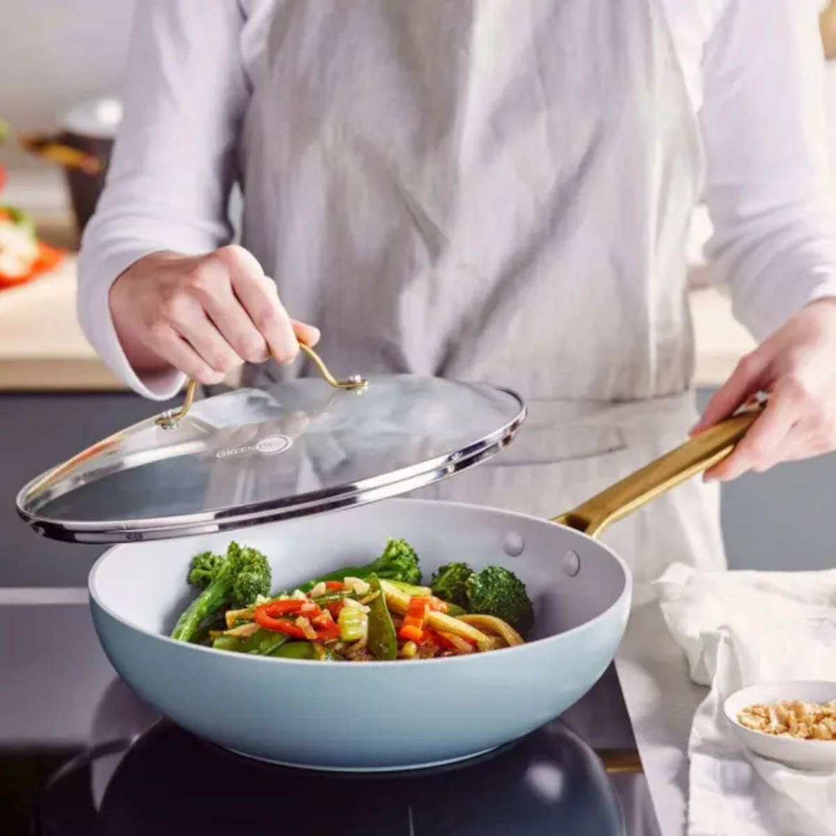 GreenPan Padova Wok with Lid Smokey Sky Blue 28cm