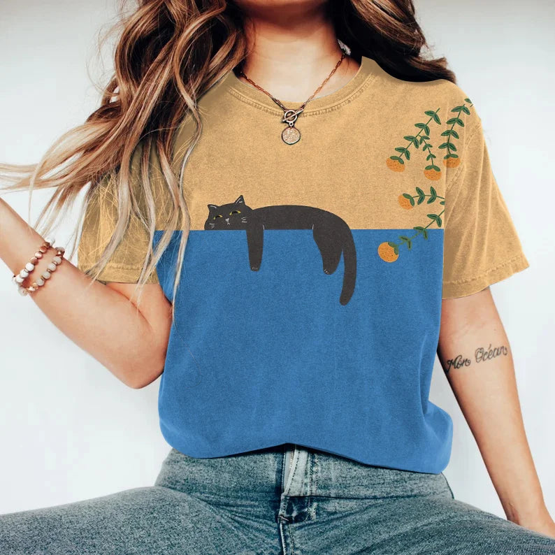 Konstnärlig kattdesign grafik t-shirt - damtee