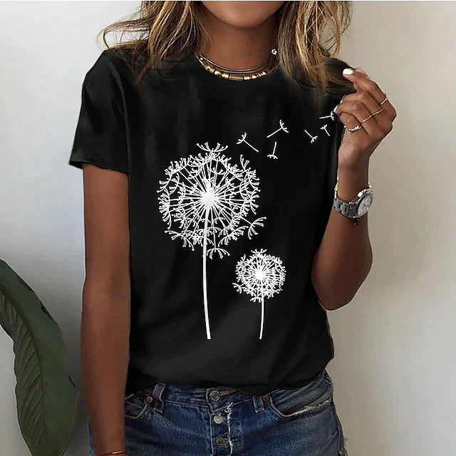 Dams t-shirt med maskrosmönster - mjuk bomullströja för avslappnade dagar